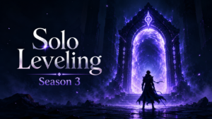 Minimal dark anime-style image representing Solo Leveling Season 3 with a shadow warrior and glowing portal gate.