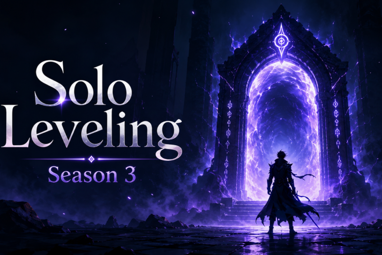 Minimal dark anime-style image representing Solo Leveling Season 3 with a shadow warrior and glowing portal gate.