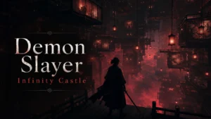 Minimal dark anime-style image representing Demon Slayer Infinity Castle with a sword silhouette and floating castle rooms.