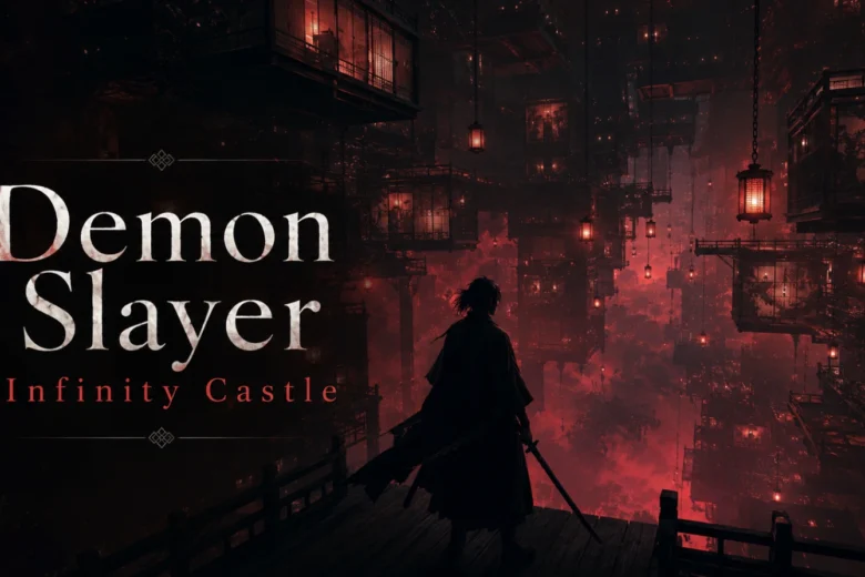 Minimal dark anime-style image representing Demon Slayer Infinity Castle with a sword silhouette and floating castle rooms.