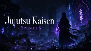 Minimal anime-style image representing Jujutsu Kaisen Season 3 with cursed energy and a ruined city background.