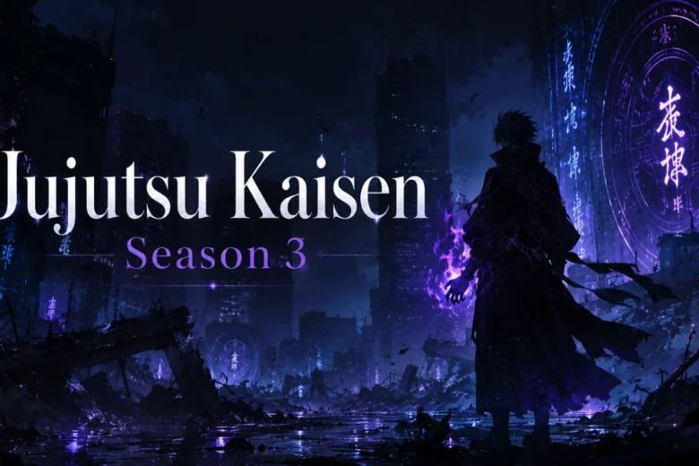 Minimal anime-style image representing Jujutsu Kaisen Season 3 with cursed energy and a ruined city background.