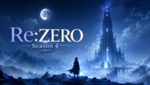 Minimal fantasy anime-style image representing Re:ZERO Season 4 with a lone traveler and mysterious tower under moonlight.