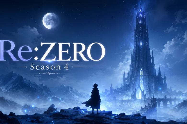 Minimal fantasy anime-style image representing Re:ZERO Season 4 with a lone traveler and mysterious tower under moonlight.